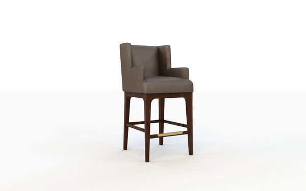 Bar stool with gray cushioned seat and backrest on a white background