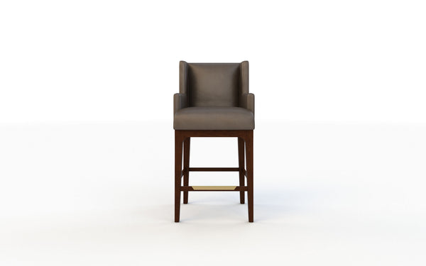 Brown bar stool with gray cushion on a white background