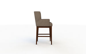 Bar stool with gray cushioned seat and wooden legs on a white background