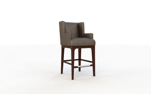 Bar stool with gray cushioned seat and backrest on a white background