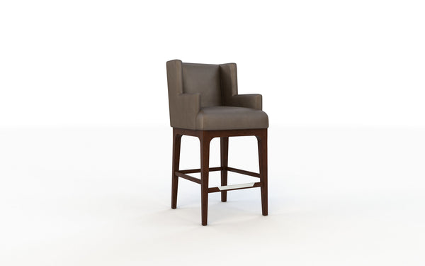 Bar stool with gray cushioned seat and backrest on a white background