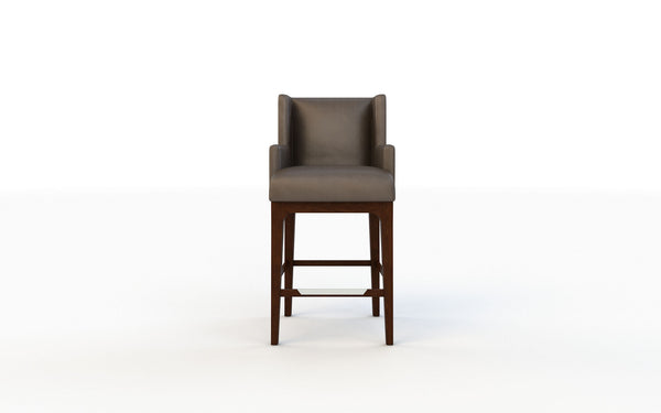 Brown bar stool with cushioned seat on a white background
