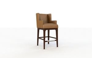 Brown bar stool with cushioned seat and backrest on a white background