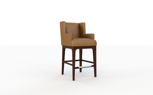 Brown bar stool with cushioned seat and backrest on a white background