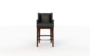 Black cushioned bar stool on a white background