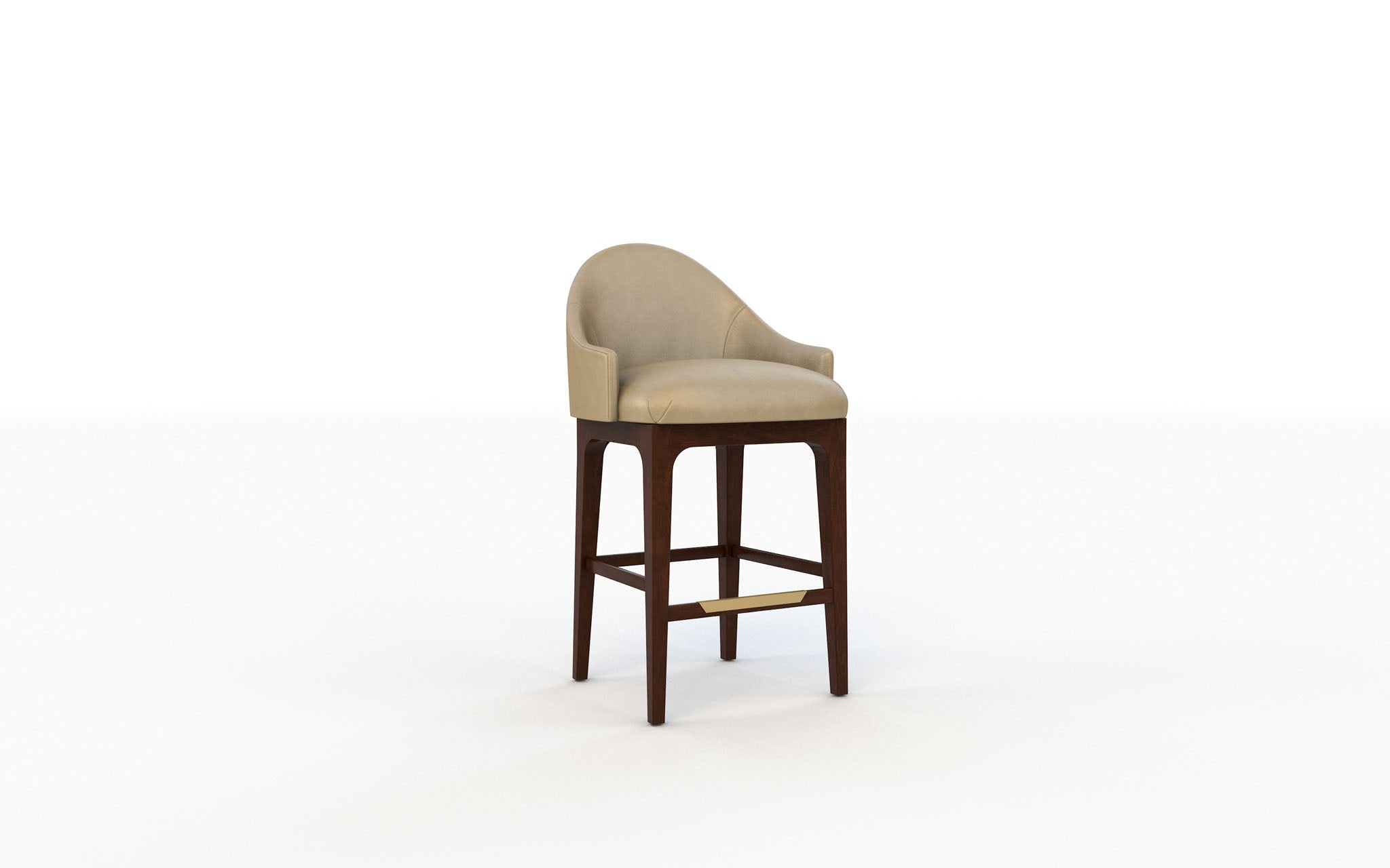 Bar stool with beige cushioned seat and dark wooden legs on a white background