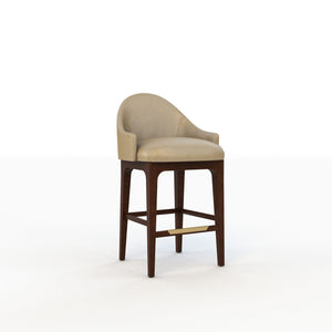 Bar stool with beige cushioned seat and dark wooden legs on a white background
