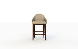 Bar stool with beige cushioned seat and wooden legs on a white background