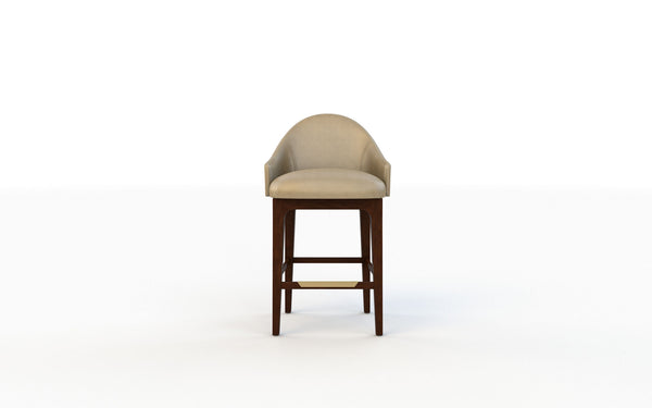 Bar stool with beige cushioned seat and wooden legs on a white background