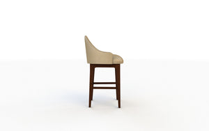 Bar stool with beige cushioned seat and wooden legs on a white background