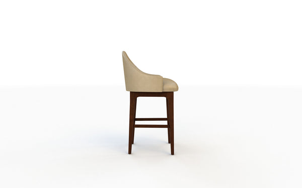 Bar stool with beige cushioned seat and wooden legs on a white background
