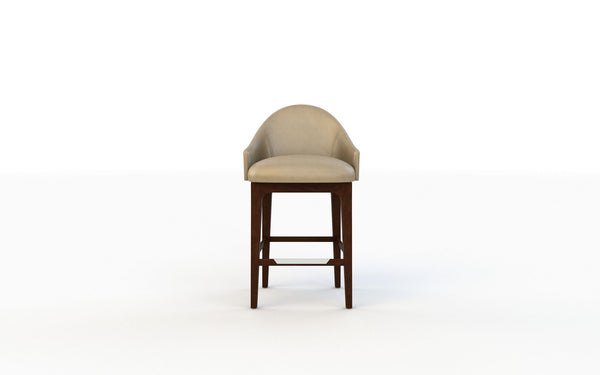 Bar stool with beige cushioned seat and wooden legs on a white background