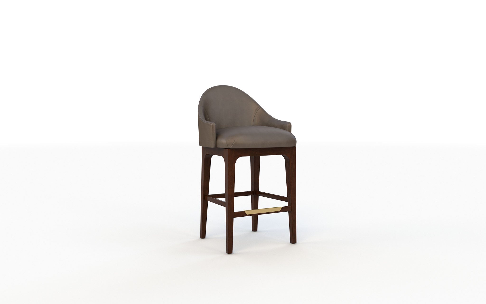Bar stool with gray cushioned seat and wooden legs on a white background