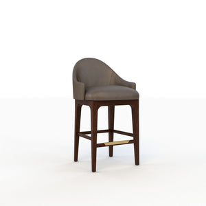 Bar stool with gray cushioned seat and wooden legs on a white background
