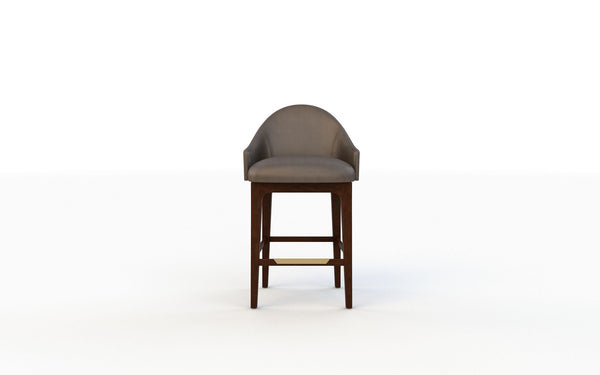 Bar stool with gray cushioned seat and wooden legs on a white background