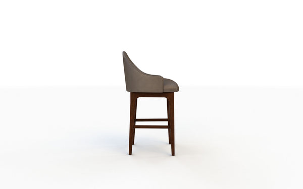 Bar stool with gray cushioned seat and wooden legs on a white background