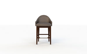 Bar stool with gray cushioned seat and wooden legs on a white background