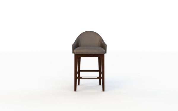 Bar stool with gray cushioned seat and wooden legs on a white background
