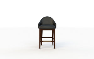 Bar stool with dark cushioned seat and wooden legs on a white background