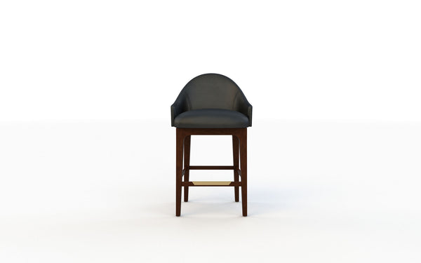 Bar stool with dark cushioned seat and wooden legs on a white background
