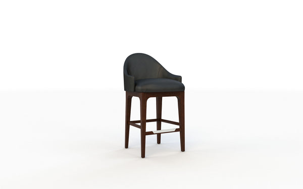 Bar stool with dark cushioned seat and wooden legs on a white background