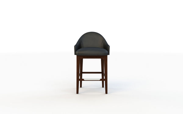 Bar stool with dark gray cushioned seat and backrest on a white background