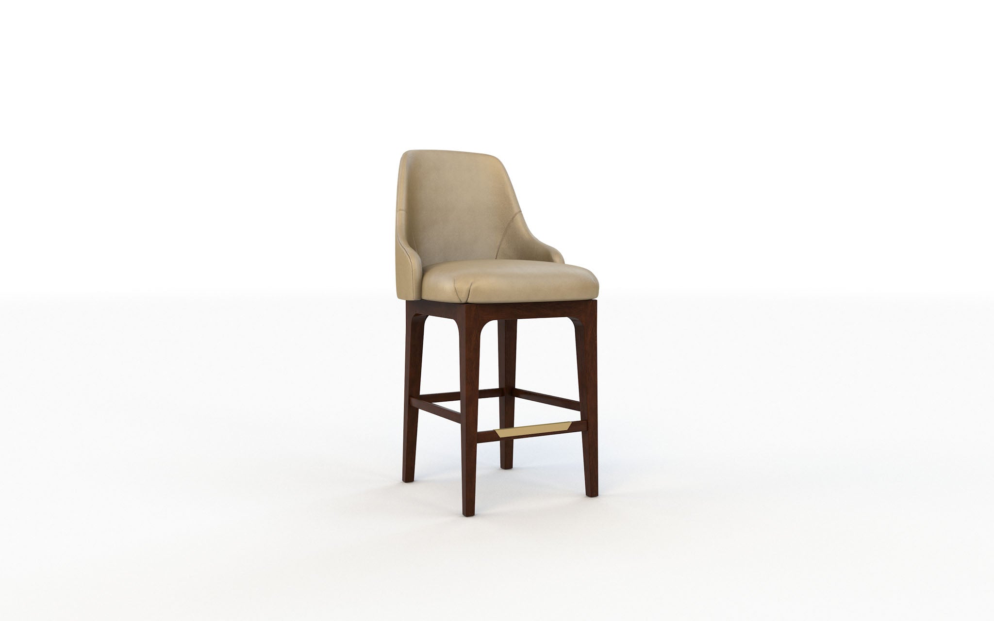 Bar stool with beige cushioned seat and wooden legs on a white background