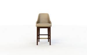 Bar stool with beige cushioned seat and wooden legs on a white background