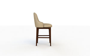 Bar stool with beige cushioned seat and wooden legs on a white background