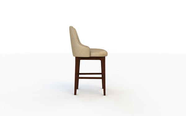 Bar stool with beige cushioned seat and wooden legs on a white background