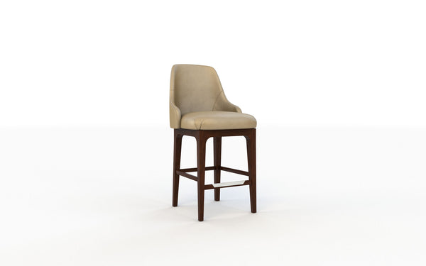 Bar stool with beige cushioned seat and dark wooden legs on a white background