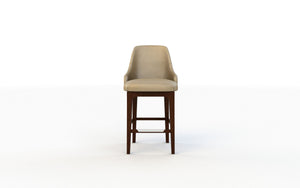 Bar stool with beige cushioned seat and wooden legs on a white background
