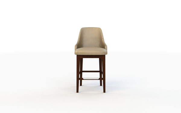 Bar stool with beige cushioned seat and wooden legs on a white background