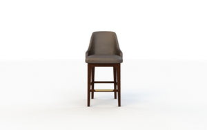 Bar stool with gray cushioned seat and wooden frame on a white background