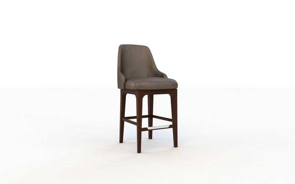 Bar stool with gray cushioned seat and wooden legs on a white background