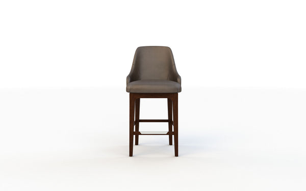 Bar stool with gray cushioned seat and wooden frame on a white background