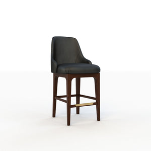 Bar stool with dark gray cushioned seat and wooden legs on a white background