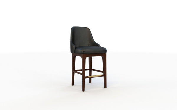 Bar stool with dark gray cushioned seat and wooden legs on a white background