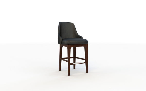 Bar stool with dark gray cushioned seat and wooden legs on a white background